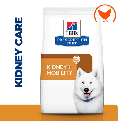 Hill's Prescription Diet Kidney + Mobility care food with chicken, shown in packaging with a dog image and 'Kidney Care' text.