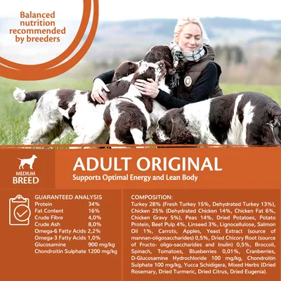 Adult Original medium breed food. Supports optimal energy and lean body. Guaranteed analysis: protein 34%, fat 16%, fibre 4%, ash 8%. Main ingredients: turkey, chicken, peas, potatoes.