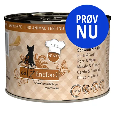 catz finefood N°609 dåse, Schwein & Kalb, naturlig gut mmmmiau, 95 % kød og tilberedningsvæske, PRØV NU badge, ingen korn, ingen dyreforsøg, synlig ingrediensliste på engelsk og tysk. catz finefood N°609 dåse, Schwein & Kalb, naturlig gut mmmmiau, 95 % kød og tilberedningsvæske, PRØV NU badge, ingen korn, ingen dyreforsøg, synlig ingrediensliste på engelsk og tysk.