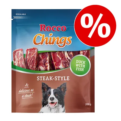 Rocco Chings Steak-Style DUCK WITH FISH, 200 g. Akciová ponuka označená symbolom percenta na obale.