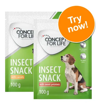 Concept for Life Insect Snack with carrots 100g and Insect Snack with sweet potatoes 100g packs, visible text: Low allergenic potential, No added grains, Try now! Concept for Life Insect Snack with carrots 100g and Insect Snack with sweet potatoes 100g packs, visible text: Low allergenic potential, No added grains, Try now!