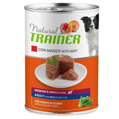 Natural Trainer conservă pentru câini cu carne de vită, rădăcină de cicoare. Pentru câini de talie medie și mare (>11kg), adulți (>12 luni).