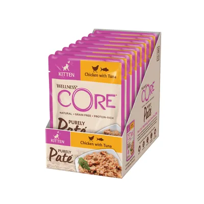 Multipack of Wellness CORE Purely Paté pouches for kittens, chicken with tuna flavour, natural, grain free, protein-rich, visible product and packaging details. Multipack of Wellness CORE Purely Paté pouches for kittens, chicken with tuna flavour, natural, grain free, protein-rich, visible product and packaging details.