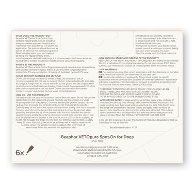 Beaphar VETOpure Spot-On for Dogs over 15kg. Contains plant-based actives to repel fleas. Instructions, ingredients, warnings, application rate and storage details are shown.