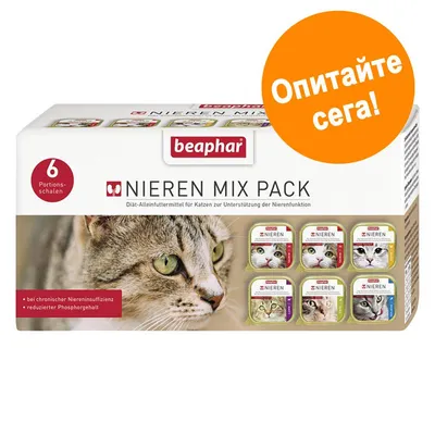 beaphar Nieren Mix Pack, 6 порции за котки. Текст: Опитайте сега! Подходящо при хронична бъбречна недостатъчност, намалено съдържание на фосфор. beaphar Nieren Mix Pack, 6 порции за котки. Текст: Опитайте сега! Подходящо при хронична бъбречна недостатъчност, намалено съдържание на фосфор.