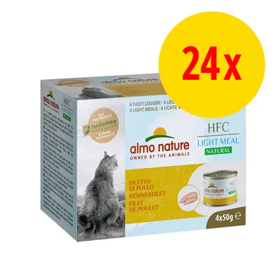 almo nature HFC Light Meal Natural, filetto di pollo, 4x50g. Confezione con immagine di gatto e scritta grande '24x' in giallo. Testo: fondazione Capellino, support the projects.