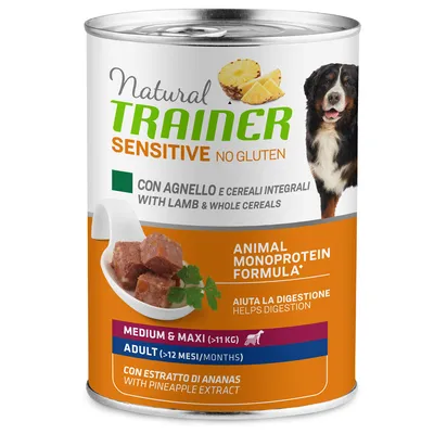 Natural Trainer Sensitive No Gluten cu miel și cereale integrale, formulă monoproteică, pentru câini adulți de talie medie și mare (>11kg, >12 luni), cu extract de ananas pentru susținerea digestiei.