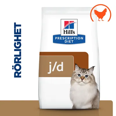 Hill's Prescription Diet j/d kattmat, texten RÖRLIGHET och en bild på en katt samt en orange kycklingsymbol syns på förpackningen.