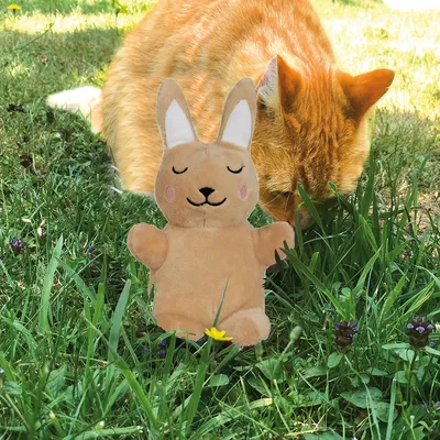 Giocattolo di peluche a forma di coniglio su un prato, sullo sfondo un gatto arancione che bruca.