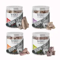 Sparpaket Wolf of Wilderness - RAW Snacks (gefriergetrocknet) - Mix: Rinderleber 90 g, Entenhälse 90 g,, Hühnerherzen 70 g, Lammlunge 50 g