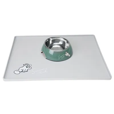 Stainless steel food bowl with green holder and grey mat, both printed with Simon's Cat design.