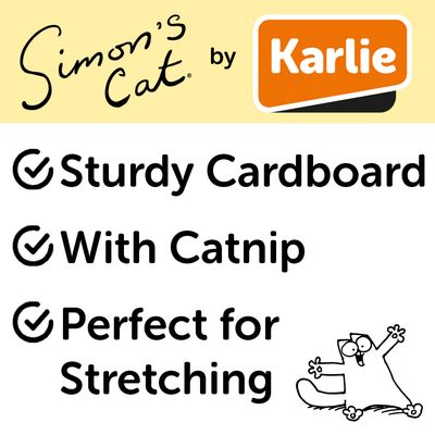 Drapak z tektury o skośnej powierzchni, ozdobiony ilustracjami Simon's Cat. Odpowiedni do pielęgnacji pazurów kotów.