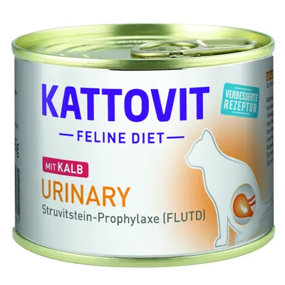 KATTOVIT FELINE DIET URINARY mit Kalb, Struvitstein-Prophylaxe (FLUTD), forbedret opskrift. Dåse med kattefoder synlig tekst på tysk og engelsk.