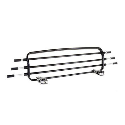Barrière de séparation en métal noir avec quatre barres horizontales et embouts réglables, vue sur l’ensemble du produit.