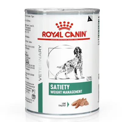 Konzerva Royal Canin Satiety Weight Management Veterinary, obrázek psa, text: LOAF PAŠTET, bílá plechovka s červeným a zeleným nápisem.
