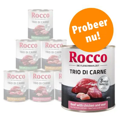 Rocco Trio di Carne natvoer, blik met rund, kip en kalf, 3 meat varieties, 800g. Oranje cirkel met tekst: Probeer nu!