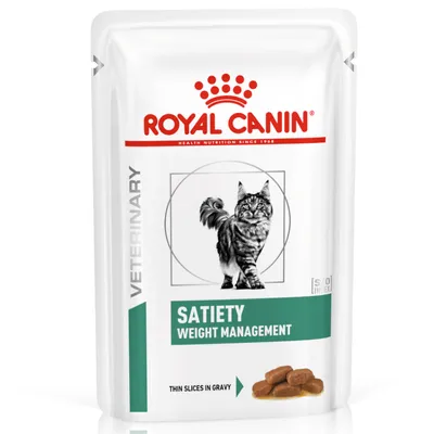 Royal Canin Veterinary Satiety Weight Management, thin slices in gravy, cat food in pouch.