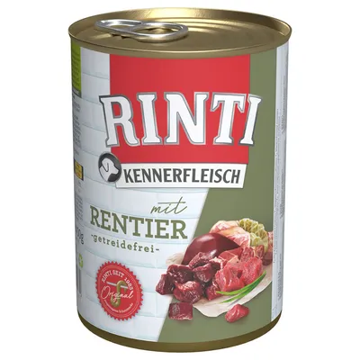 Blik Rinti Kennerfleisch mit Rentier, getreidefrei. Afbeelding van vleesstukken op het etiket. Rood zegel: Rinti seit 1983 Original. Inhoud en voedingswaarden niet zichtbaar.