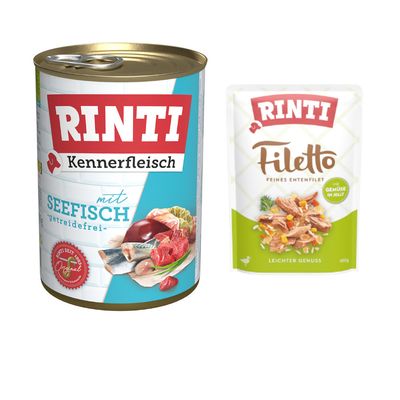 Rinti Kennerfleisch med kylling, kornfri. Billede af kødstykker og mærket 'Rinti seit 1983 Original'.