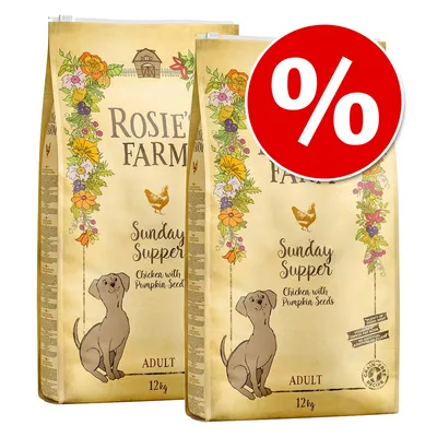 Two bags of Rosie's Farm Sunday Supper Chicken with Pumpkin Seeds Adult 12kg dog food, large red percent discount symbol top right, visible text: grain free recipe, no added sugar, no artificial additives. Two bags of Rosie's Farm Sunday Supper Chicken with Pumpkin Seeds Adult 12kg dog food, large red percent discount symbol top right, visible text: grain free recipe, no added sugar, no artificial additives.