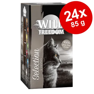 Wild Freedom Selection 6 varieties kissanruokapakkaus, 24 x 85 g, 100% grain-free recipe -merkintä näkyvissä