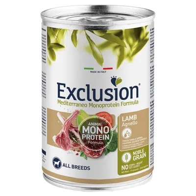 Exclusion Mediterraneo Monoprotein Formula, Lamm, für alle Rassen. Made in Italy, ohne Mais, Weizen, Soja. Noble Grain, frische tierische Proteinquelle.