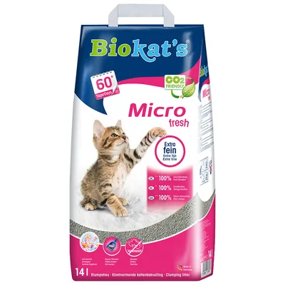 Biokat's Micro fresh klumpande kattsand, 14 l, extra fin, 60 dagar, CO2 friendly, 100 % luktabsorption. Bild på kattunge på förpackningen.