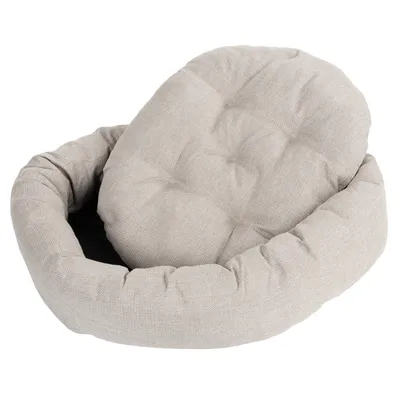 Letto per animali rotondo e imbottito in beige con cuscino rimovibile. Tessuto, adatto per comfort e relax.