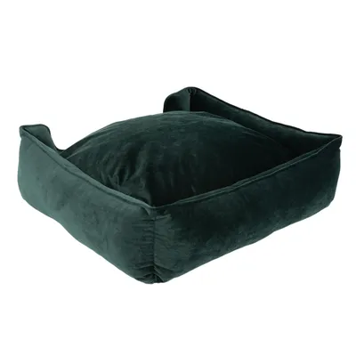 Cuscino quadrato verde scuro con lati rialzati, adatto come superficie per sdraiarsi.