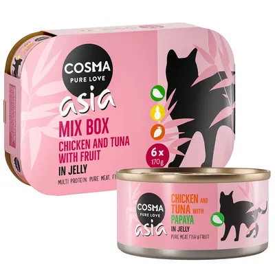 Cosma Asia Mix Box, Huhn und Thunfisch mit Früchten in Gelee, 6x170g. Multi Protein, reines Fleisch, Fisch & Frucht.