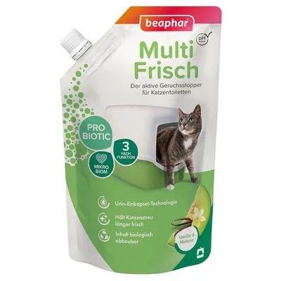 beaphar Multi Frisch, aktywny neutralizator zapachów do kuwet dla kotów. Probiotic, mikrobiom, potrójna funkcja. Technologia kapsułkowania moczu, biodegradowalny, zapach wanilii i melona.
