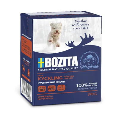 Bozita Swedish Natural Quality s piletinom, 100% životinjskih proteina, bez žitarica, bez GMO, bez dodanog šećera. Proizvedeno u Vårgårdi, Švedska. Pakiranje 370g.
