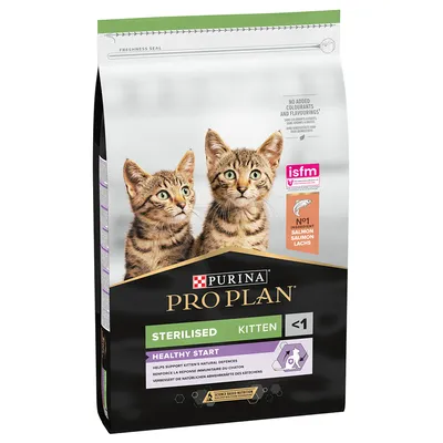 Purina Pro Plan Sterilised Kitten unter 1 Jahr, Hauptzutat Lachs, unterstützt natürliche Abwehrkräfte. ISFM zertifiziert, keine Farbstoffe oder Aromastoffe hinzugefügt.