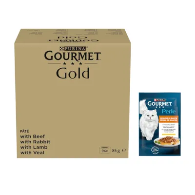 26x85 g gratis! 96x85 g Pachet Jumbo Gourmet Gold + gratis 26x85 g Gourmet Perle hrană umedă pisici - Gold 96 x 85 g Mousse: vită, iepure, miel, vițel + Perle Savoare în sos Pui 26 x 85 g 