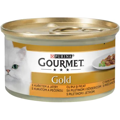 Purina Gourmet Gold puszka karmy dla kotów z kurczakiem i wątrobą, złote opakowanie, ilustracja kawałków karmy i białego kota.