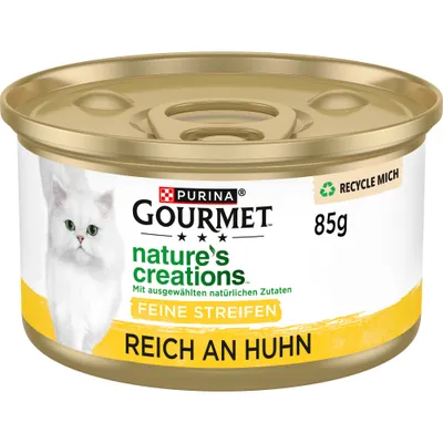 Purina Gourmet nature's creations Hienot Suikaleet, runsaasti kanaa, 85 g. Valmistettu valikoiduista luonnollisista ainesosista. Kierrätä minut.