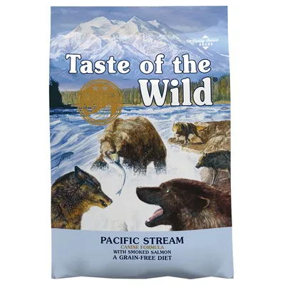 Taste of the Wild Pacific Stream Canine Formula with Smoked Salmon, A Grain-Free Diet. Family-Owned Brand text visible on packaging.