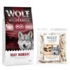Wolf of Wilderness Kombi-Paket: Adult Trockenfutter + 3 x Kaninchenohren mit Fell Snacks 12 kg Ruby Midnight - Rind & Kaninchen + 3 x 400 g Snacks