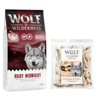 Wolf of Wilderness Kombi-Paket: Adult Trockenfutter + 3 x Kaninchenohren mit Fell Snacks - 12 kg Ruby Midnight - Rind & Kaninchen + 3 x 400 g Snacks