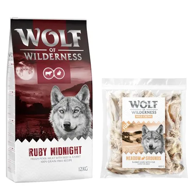 Wolf of Wilderness Kombi-Paket: Adult Trockenfutter + 3 x Kaninchenohren mit Fell Snacks - 12 kg Ruby Midnight - Rind & Kaninchen + 3 x 400 g Snacks Wolf of Wilderness Kombi-Paket: Adult Trockenfutter + 3 x Kaninchenohren mit Fell Snacks - 12 kg Ruby Midnight - Rind & Kaninchen + 3 x 400 g Snacks