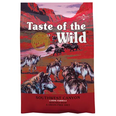 Taste of the Wild Southwest Canyon Canine Formula with Wild Boar, A Grain-Free Diet. Family Owned Brand visible on packaging. Taste of the Wild Southwest Canyon Canine Formula with Wild Boar, A Grain-Free Diet. Family Owned Brand visible on packaging.