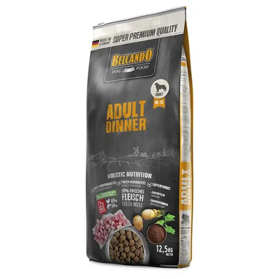 Belcando Dog Food Adult Dinner, tillverkat i Tyskland, superpremiumkvalitet, holistisk näring med 300 g färskt kött, potatis och superfoods. Nettovikt: 12,5 kg.