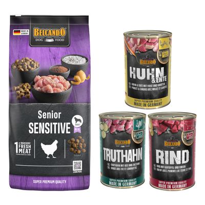 Belcando Adult Dinner, sac 15 kg et assortiment de 6 boîtes 400 g pour chien, texte visible : Pack gourmand. Emballages avec photo de chien et noms des variétés sur les boîtes.