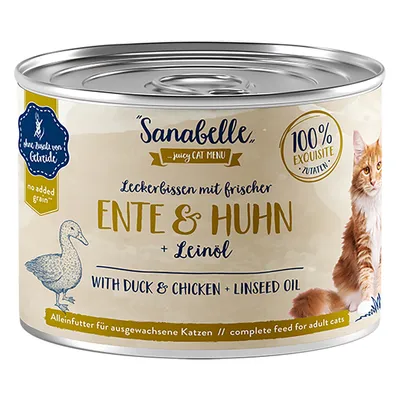 Boîte Sanabelle pour chat adulte, saveur canard et poulet avec huile de lin, 100 % ingrédients exquis, sans céréales ajoutées. Texte en allemand et anglais visible sur l’emballage.