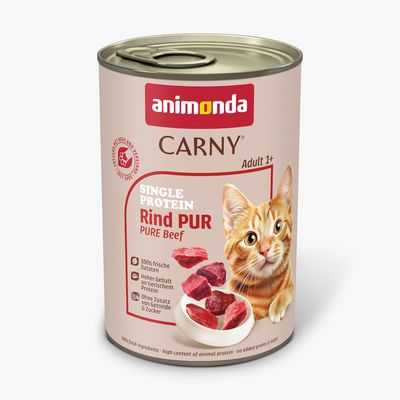 Animonda Carny Single Protein Adult hovädzie Pur. S taurínom, 100 % čerstvé ingrediencie, bez obilnín, vyrobené v Nemecku. Konzerva s červenou etiketou a obrázkom surového hovädzieho mäsa a mačky.