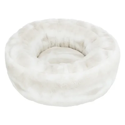 Okrugli krevet za kućne ljubimce od bijelog pliša, visoki rubovi, bez vidljivih oznaka ili brenda.
