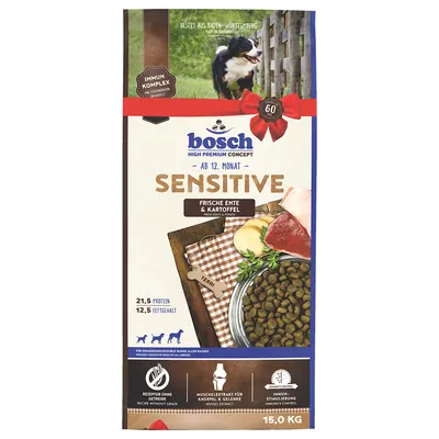 bosch SENSITIVE hundefoder, frische ente & kartoffel, ab 12. monat, 21,5 % protein, 12,5 % fedtgehalt, rezeptur ohne getreide, 15,0 kg. Billede af tørfoder og råvarer på posen.