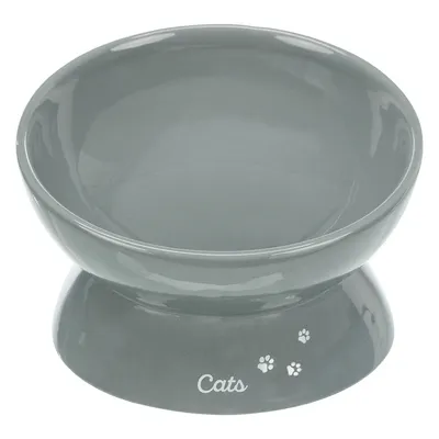 Grey ceramic bowl with elevated base, 'Cats' lettering and paw prints on the base.