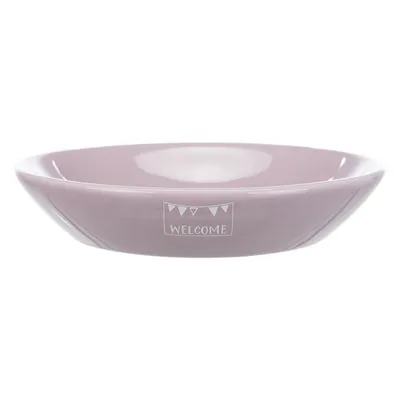 Pink ceramic bowl with white 'Welcome' print and bunting motif on the front.