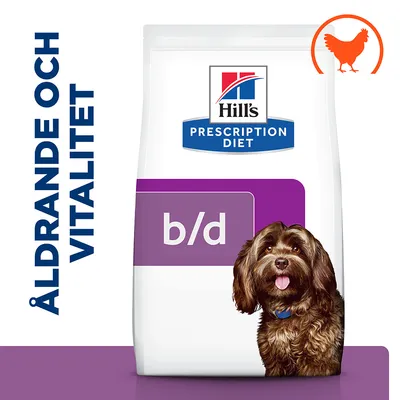 Hill's Prescription Diet b/d hundfoderförpackning med texten 'Åldrande och vitalitet', bild på hund och orange kycklingsymbol. Hill's Prescription Diet b/d hundfoderförpackning med texten 'Åldrande och vitalitet', bild på hund och orange kycklingsymbol.